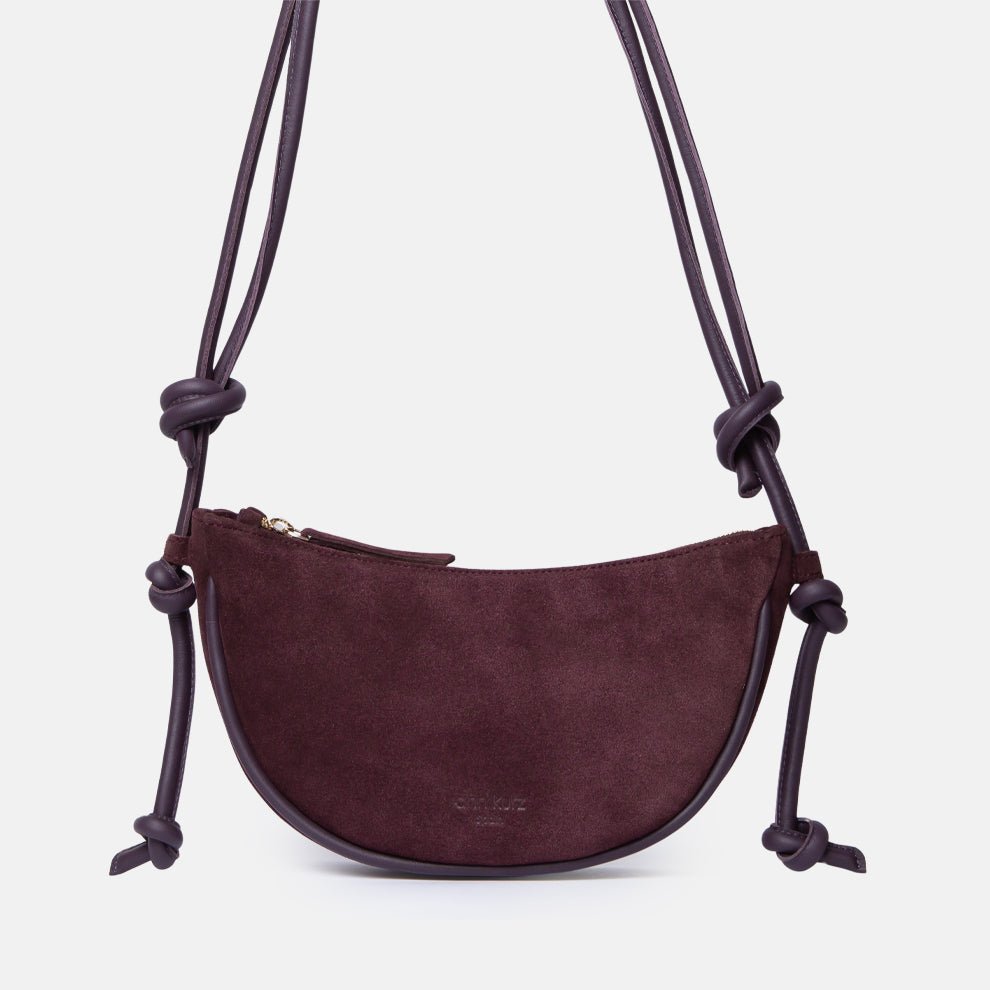 Maroon Mini Half Moon With Knots Suede Bag