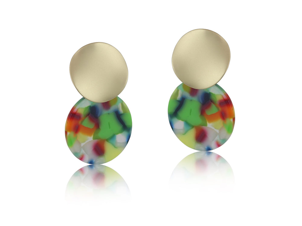 Green Orange Metal And Resin Disc Earrings