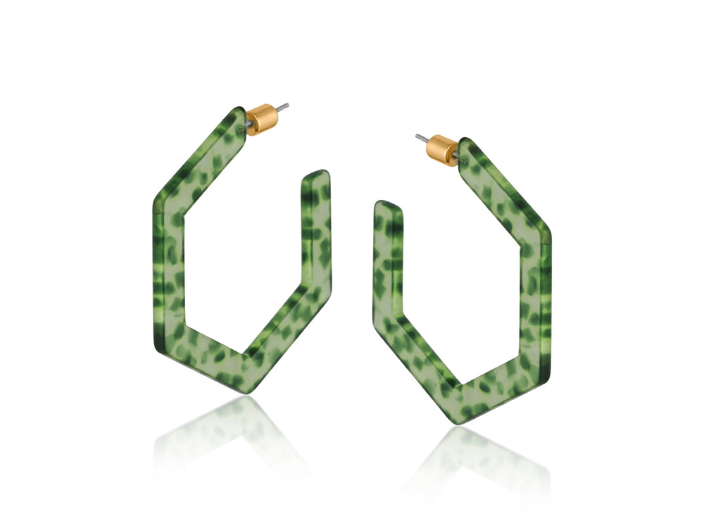 Green Hexagon Large Hoop Earrings