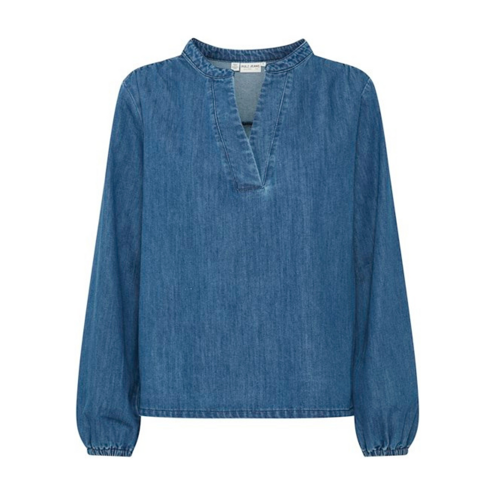 PZMALIA Medium Blue Denim V-Neck Blouse